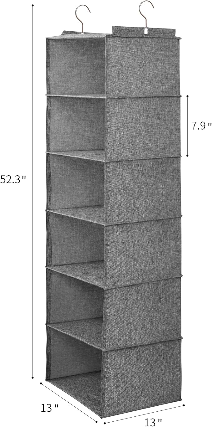 Large Hanging Sweater Organizer for Closet,Collapsible 6-Shelf Hanging Closet Shelves with Drawers, Washable (Grey-6 Shelf-1 