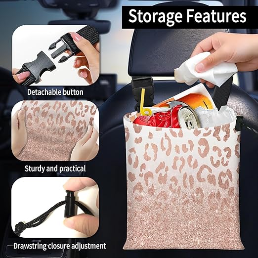 Car Trash Bag Large Hanging Can for Back of Seat, Cute Waterproof Car Garbage Bag for Vehicle, Travelling, Outdoor Luxury Glitter Pink Leopard