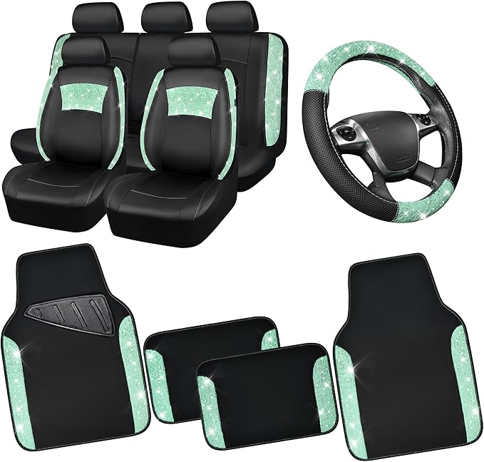 CAR PASS Universal Mint Leather Lace Car Seat Covers Full Set for Women Girls, Waterproof Car Floor Mats Carpet, Glitter Stee