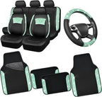 CAR PASS Universal Mint Leather Lace Car Seat Covers Full Set for Women Girls, Waterproof Car Floor Mats Carpet, Glitter Stee