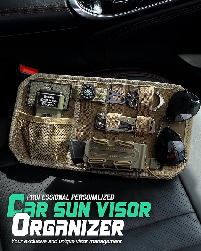 LIVANS Tactical Car Sun Visor Organizer, Automotive Semi-Rigid MOLLE Panel with Zipper Storage Pouch & Glasses Clip, Universal Fit for Trucks, SUVs, Jeeps & Patrol Vehicles (Khaki)