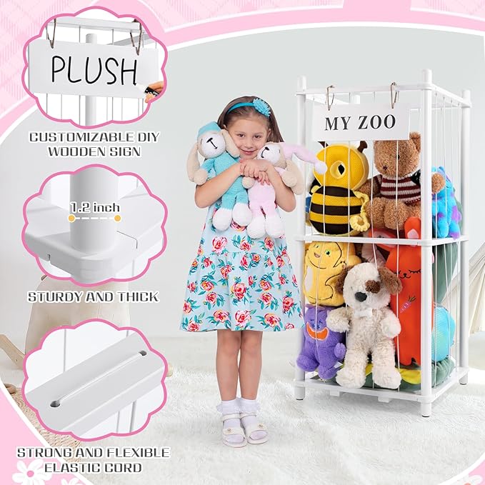 GLDZI Stuffed Animal Storage Zoo, Wooden Stuffed Animal Organizer with Elastic Cords for Boys Girls, Space Saving Toy Plushie