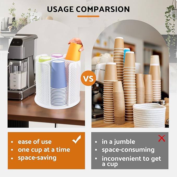 Rotating Paper Cup Dispenser with 4 Compartments, Disposable Coffee Cup Storage & Lid Holder for Countertops, Kitchen, Coffee