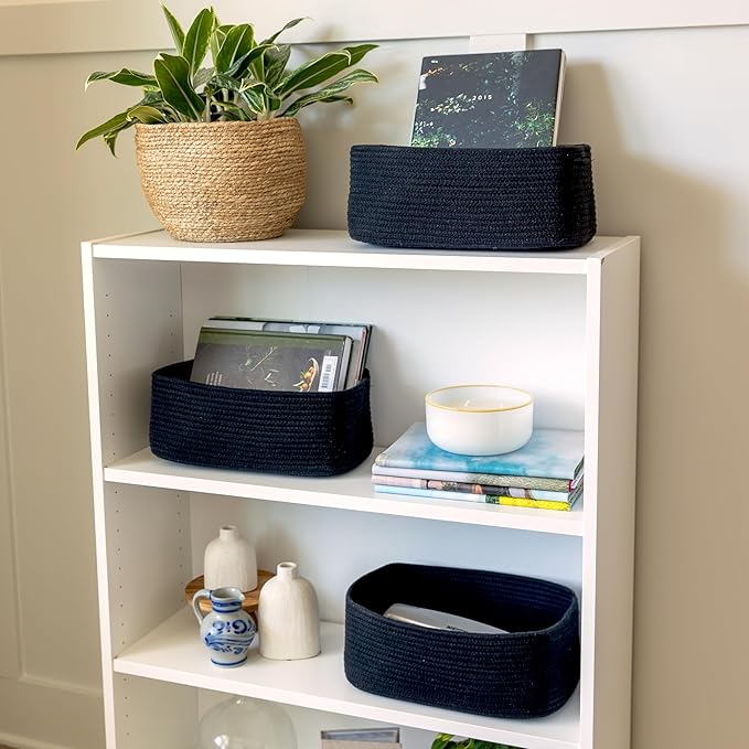 NaturalCozy 13.5”x8.5”x5.5” Rectangle Storage Baskets for Shelves 3 Pack | Cotton Rope Woven Small Baskets for Organizing | S