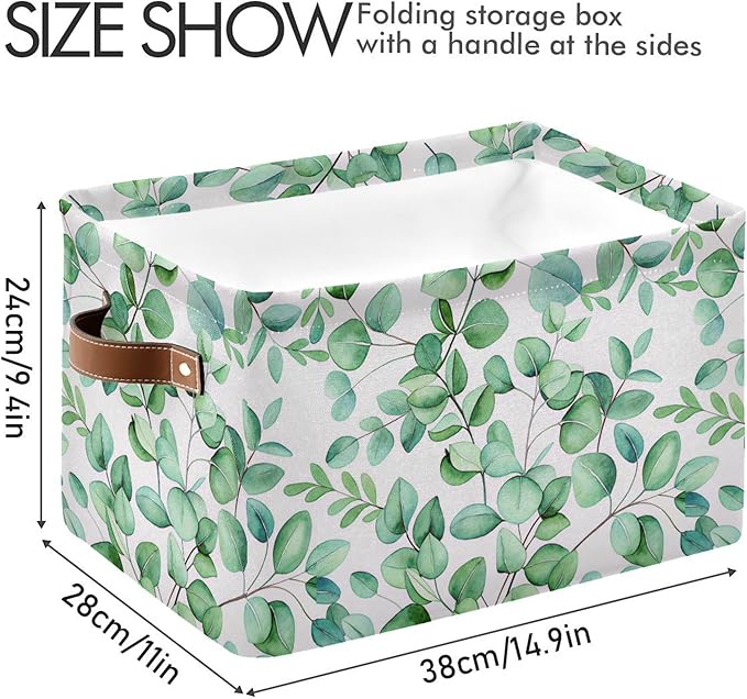 xigua Green Leaves Storage Basket Collapsible Storage Bins Waterproof Canvas Storage Basket with Leather Handles for Home Clo