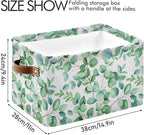 xigua Green Leaves Storage Basket Collapsible Storage Bins Waterproof Canvas Storage Basket with Leather Handles for Home Clo