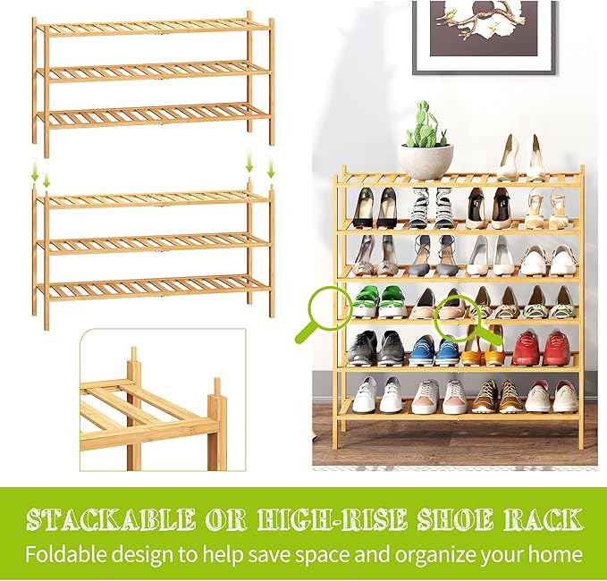 BMOSU 3-Tier Bamboo Extended Shoe Rack Premium Stackable Shoe Shelf Storage Organizer for Hallway Closet Living Room Entryway