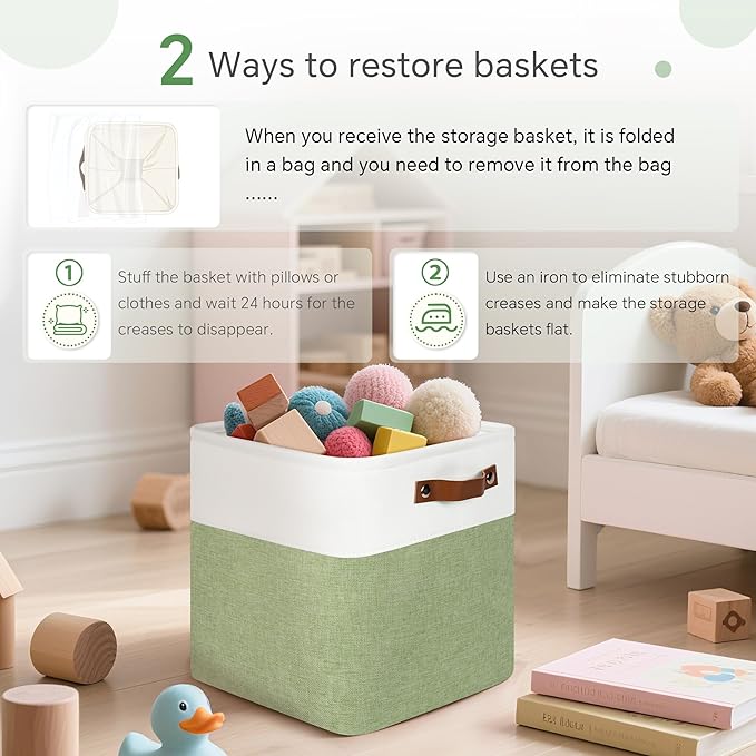 FinishingBo Cube Storage Baskets 6 Pack, 11x11 inch Cube Storage Bins with Leather Handles for Shelf Closet (White/ Green)