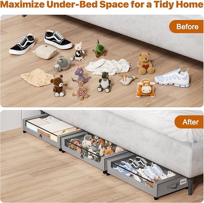 Under Bed Storage with Wheels,XXL 60L Under Bed Storage Containers with Clear Lids, Rolling Under Bed Metal Drawer for Clothe