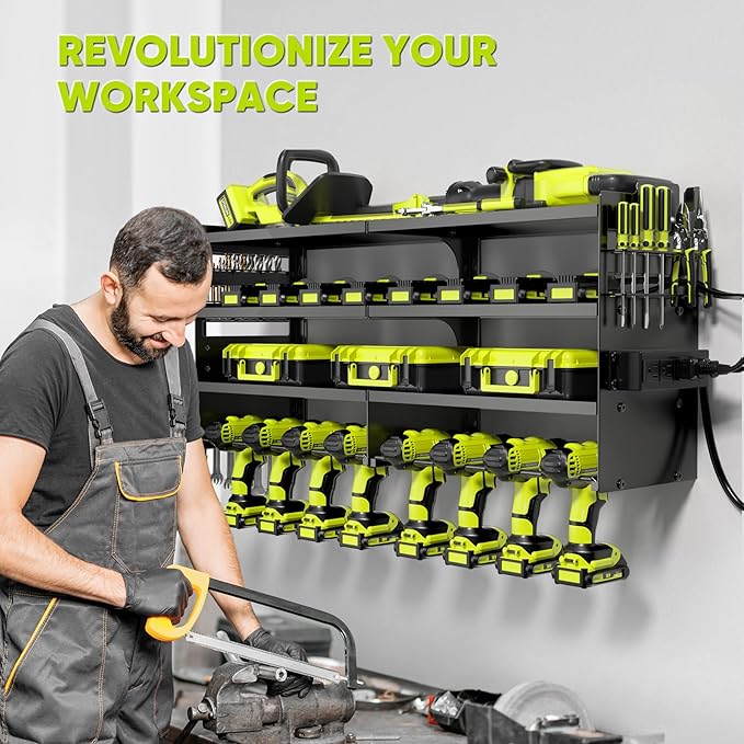 POKIPO Large Power Tool Organizer Wall Mount with Charging Station,4 Layer Heavy Duty Metal Tool Storage Rack Loads 600lbs wi