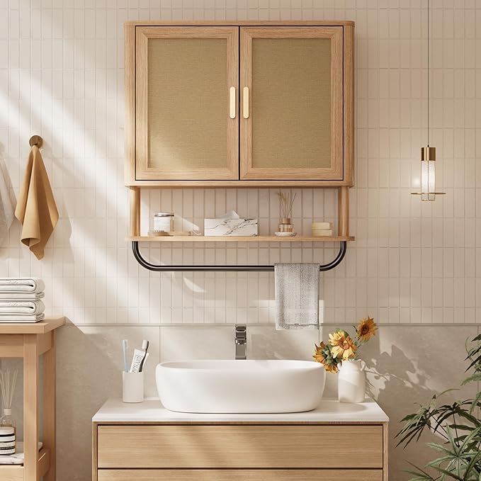 INNOD Rattan Bathroom Wall Cabinet with Towel Bar, Wall-Mounted Medicine Cabinet with Adjustable Wood Shelf & Doors, Over The