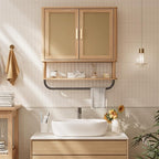 INNOD Rattan Bathroom Wall Cabinet with Towel Bar, Wall-Mounted Medicine Cabinet with Adjustable Wood Shelf & Doors, Over The