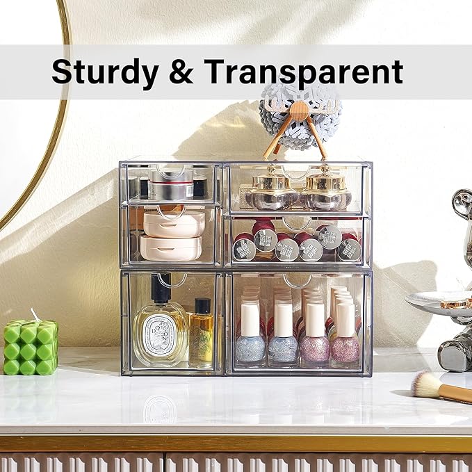 Prsildan Acrylic Drawer Makeup Organizer with 6 Drawers (Not for Baby Bottle), Set of 2 Office Desk Organizers Accessories, C