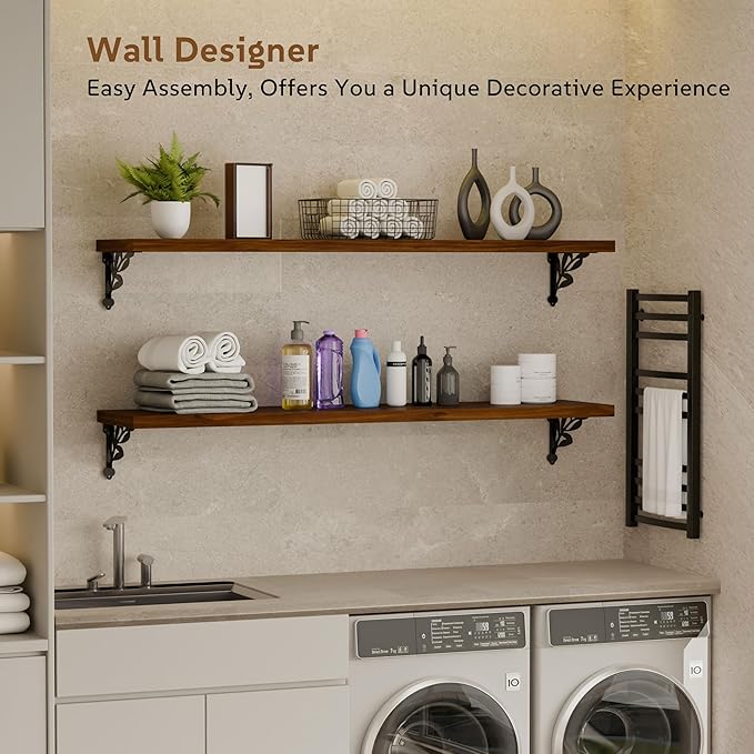 Solid Wood Floating Shelves for Wall with Metal Brackets,2 Tier 48 inch Pinewood Wall Shelf,Suitable for Multiple Places Such