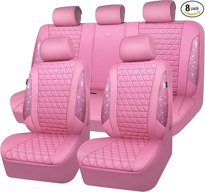 CAR PASS Bling Diamond Pink Leather Car Seat Covers Full Sets Interior Sets, Waterproof Shining Glitter Sparkly Crystal Unive