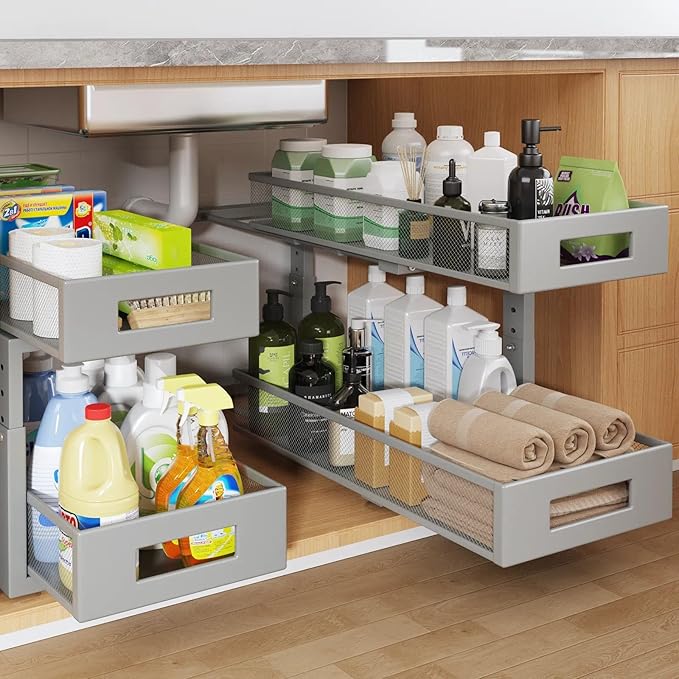2 Packs 21IN Depth Under Sink Organizer, 2-Tier Pull Out Cabinet Organizer With Smooth Circular Rail, Large Capacity Metal Me