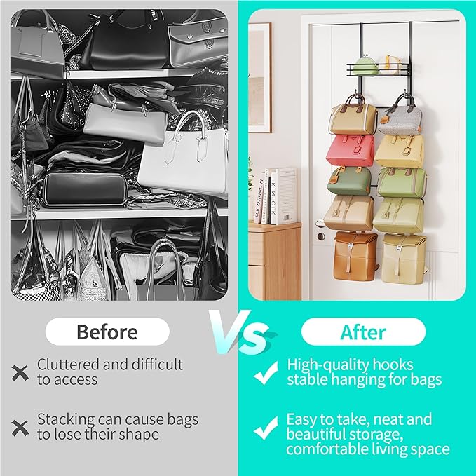HapiRm Over The Door Purse Organizer - Wall Mounted Purse Rack with 10 Hooks and Metal Basket, Hanging Handbag Organizer Hold
