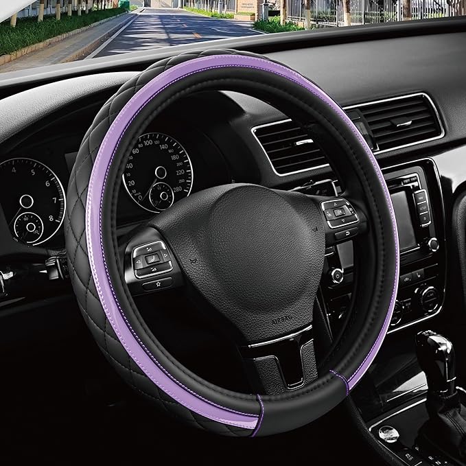Road Comforts Leather Steering Wheel Cover – Black & Purple, Universal Fit 14.5-15 Inch, Microfiber Leather, Anti-Slip & Brea