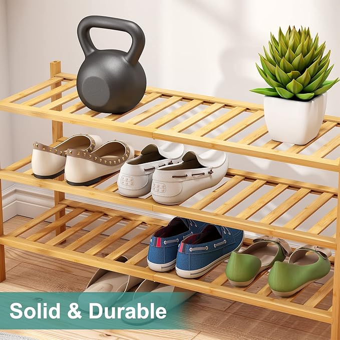 viewcare 3-Tier Long Shoe Rack, Bamboo Wood Shoe Rack for Closet, Entryway & Hallway, Stackable | Beautiful | Functional | St