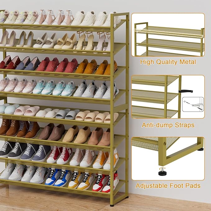 Large Shoe Rack 8 Tier Shoe Organizer, Heavy Duty Metal 4-Tier Stackable Shoe Storage Vertical Shoe Rack for Closet Front Doo