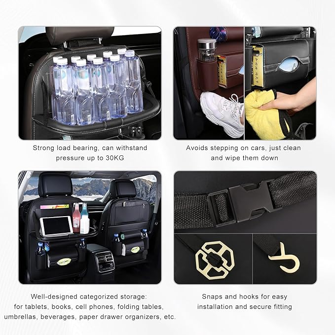 2PCS Car Backseat Organizer, Leather Multi-Pocket Seat Back Protector with Foldable Table Tray, Multifunctional Vehicle Storage Organizer Kick Mat for Kids Toddler Travel (Black)