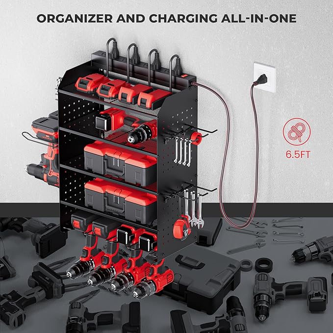 TRZZ Power Tool Organizer Wall Mount, 5-Layer Charging Station with 8 Outlets, 6 Drill Holders, 2 Side Pegboards, and Drill B