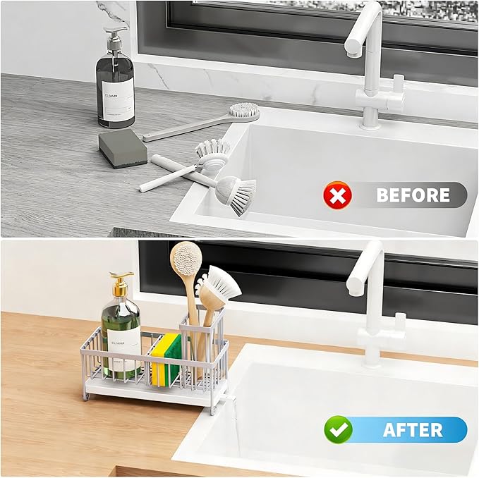 Cisily Sponge Holder for Kitchen Sink, Sink Caddy Organizer with High Brush Holder, Kitchen Countertop Organizers and Storage