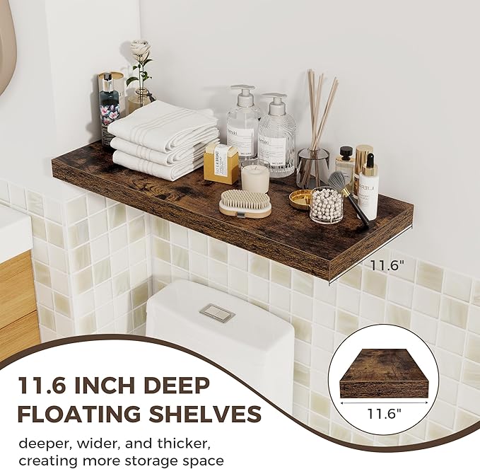 Fun Memories 12 Deep Floating Shelves for Wall | 30W x 12D Large Floating Shelves | 3 Pack Storage Space Wall Mount Shelf for