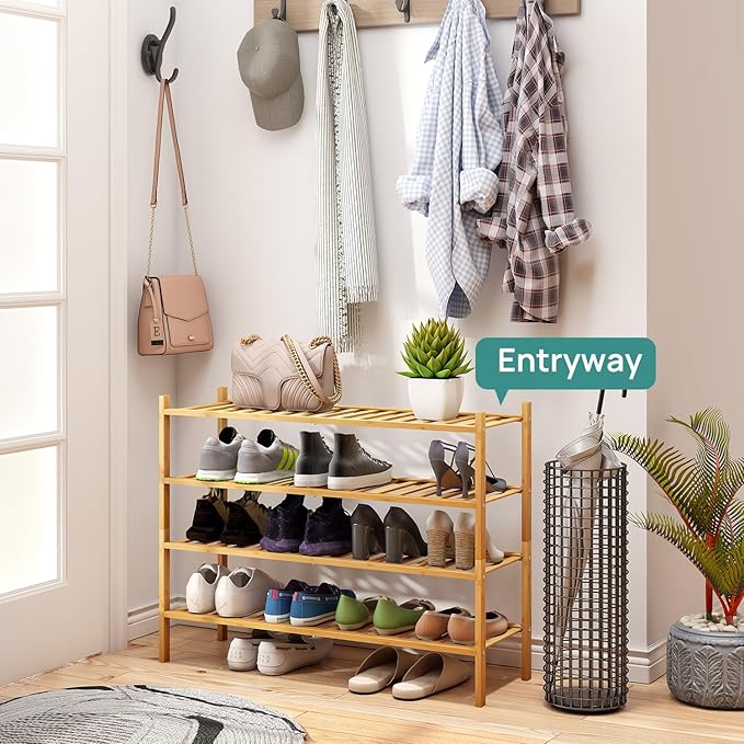 viewcare Shoe Rack, 4-Tier Long Shoe Rack for Entryway, Bamboo Wood Shoe Shelf for Closet & Hallway, Long 33IN | Beautiful | 