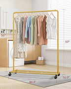 Sakugi Clothes Rack - Clothing Rack with Storage Mesh Shelf & Casters, Heavy-Duty Metal Clothing Rack for Hanging Clothes, Dr