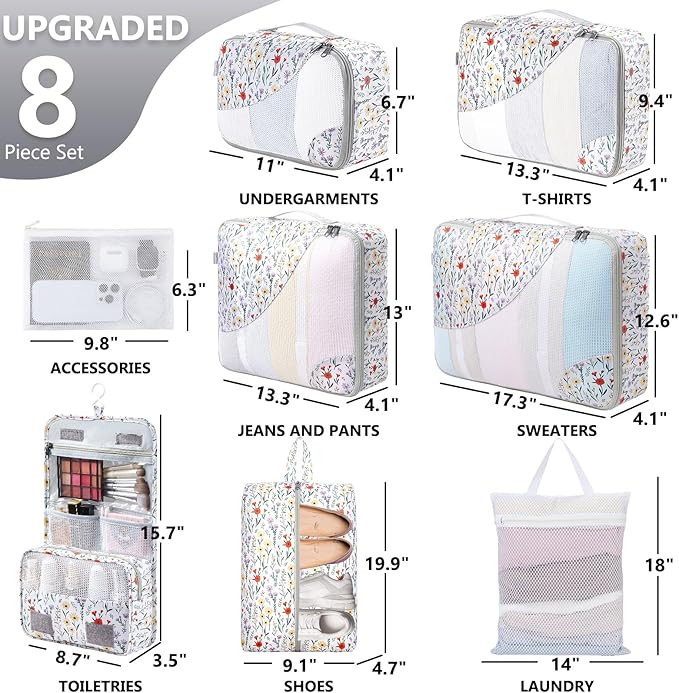 8 Set Packing Cubes for Travel, Gifts for Women Mom,Anti-Tearing Suitcase Organizer for Luggage with Shoe & Hanging Toiletry 