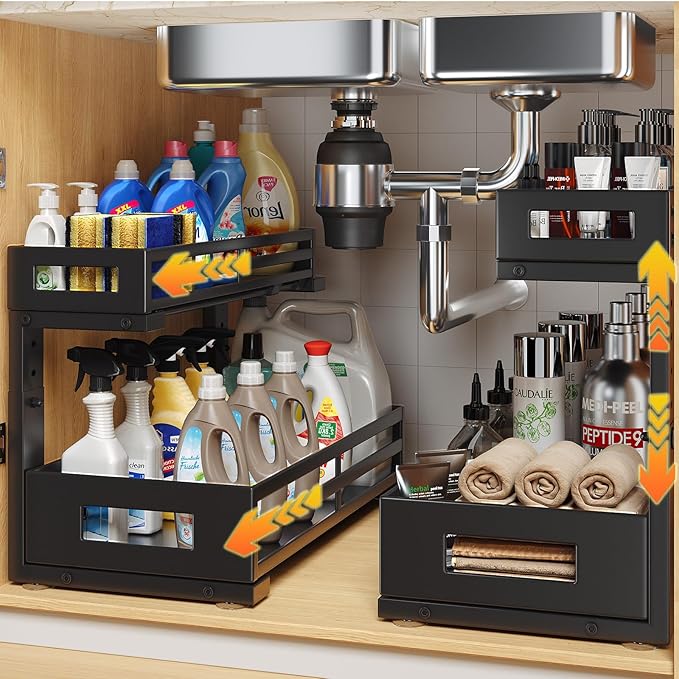 2-Pack 17"Deep Under Sink Organizer And Storage, 2-Tier L-Shaped Pull Out Cabinet Organizer with Upgraded Slide Rails, Height