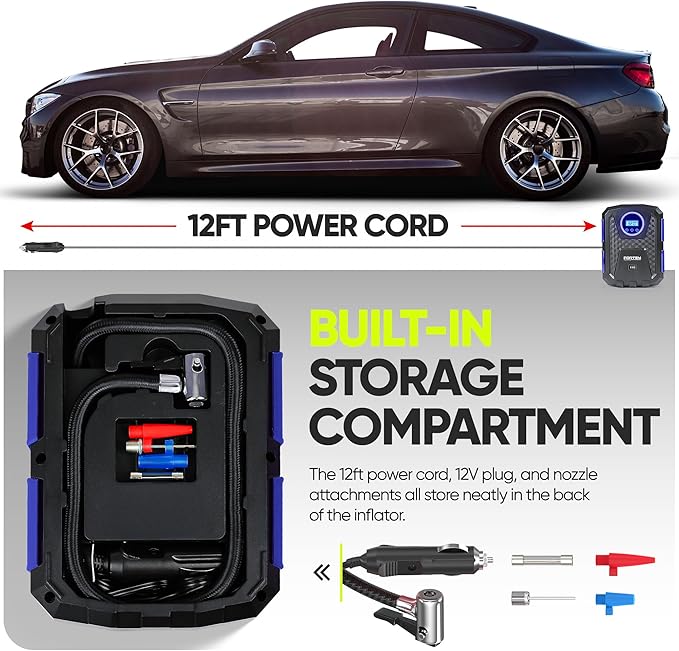 FORTEM Tire Inflator Portable Air Compressor, Air Pump for Car Tires and Bikes, Car Tire Pump w/Auto Shut Off, 150 PSI, 12V DC, LED Light, Carrying Case, for Men, Women