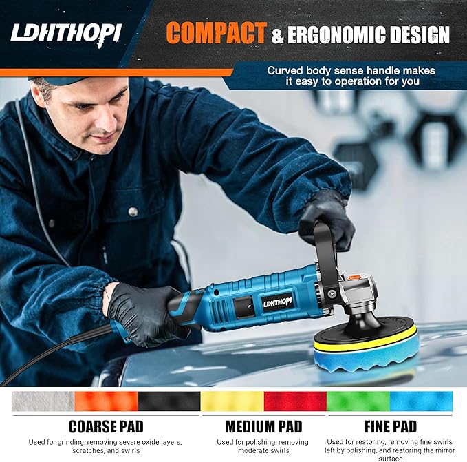 LDHTHOPI Buffer Polisher, 1600W 7 Inch/6 Inch Rotary Buffer Polisher Waxer, 7 Variable Speed 1000-3500 RPM, Detachable Handle for Car, Boat Sanding, Polishing, Waxing