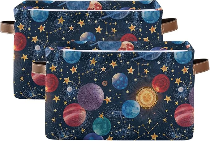 xigua Cartoon Planets Storage Basket Collapsible Storage Bins Waterproof Canvas Storage Basket with Leather Handles for Home 