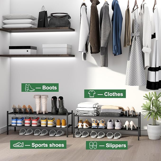 Kiplant Black 2-Tier Long Stackable Bamboo Wood Shoe Rack for Closet, Entryway & Hallway