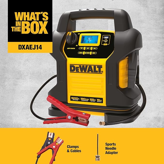 DEWALT DXAEJ14 Digital Portable Power Station Jump Starter - 1600 Peak Amps with 120 PSI Compressor for Tires, Sports