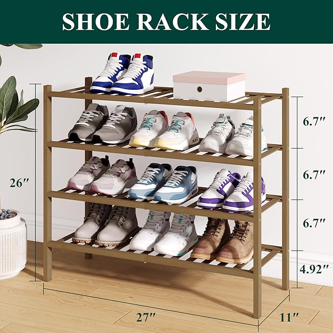 Smiry Bamboo Shoe Rack for Closet, 4 Tier Wooden Stackable Shoe Organizer, Free Standing Shoes Storage Shelf for Entryway, Fr
