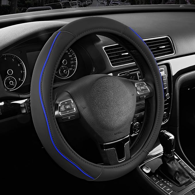 Road Comforts Leather Steering Wheel Cover with Decorative Trim and Piping, Anti-Slip Breathable Design, Fits 14.5–15 Inch Ro