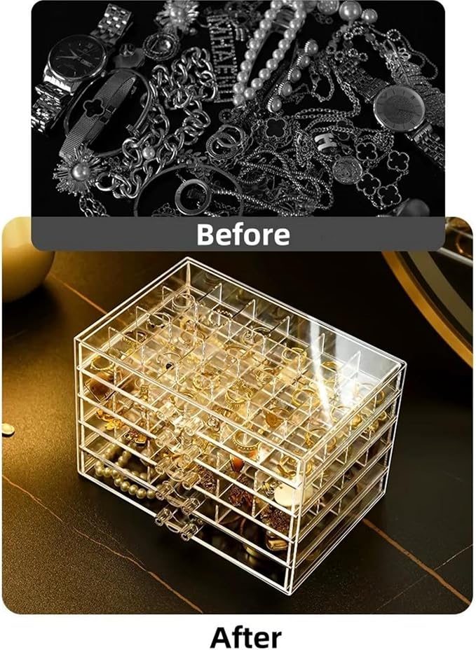 Feadily Acrylic Jewelry Organizer Box, Jewelry Drawer Organizer With 5 Drawers 79 Grids, Clear