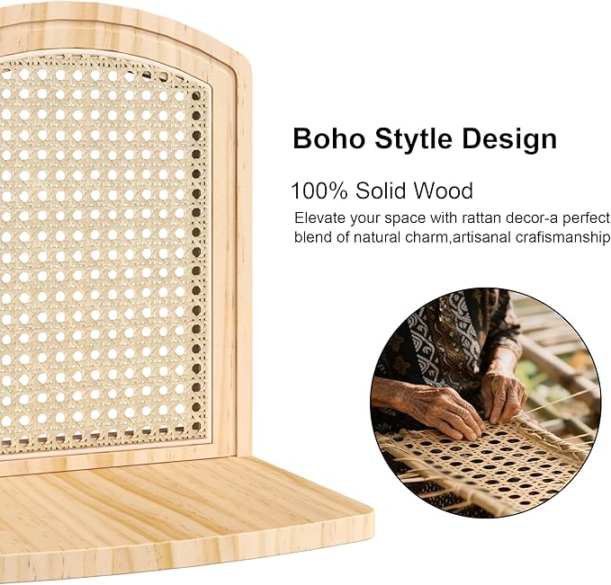 Rattan Shelf Set of 2, 9.8''Natural Wood Rattan Shelf with Wicker Decor, Boho Wall Decor Small Floating Shelves for Plant Fig