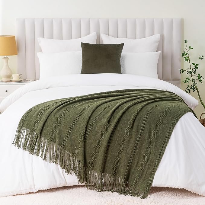 BATTILO HOME Olive Green Throw Blanket for Couch, Soft Army Green Blanket with Tassels for Home Decor, Decorative Knitted Thr