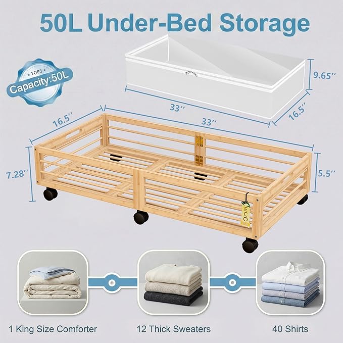 Under Bed Storage Containers with Wheels, Larger Bamboo Wood Under Furniture Storage Containers with Dust Bags，Rolling for Sh
