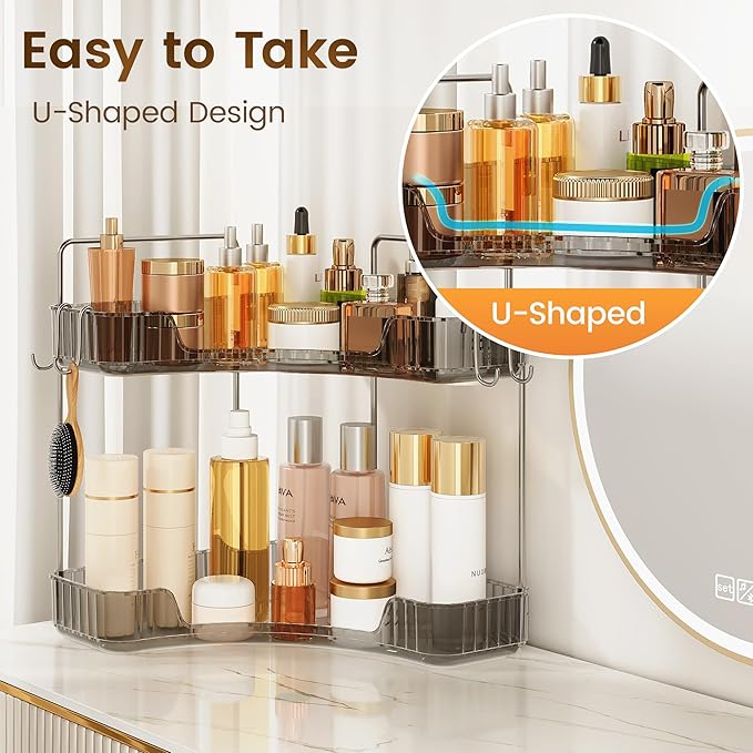 Corner Counter Organizer, 2-Tier Bathroom & Kitchen Storage Tray with Hooks | Clear Vanity Organizer for Skincare, Makeup & J