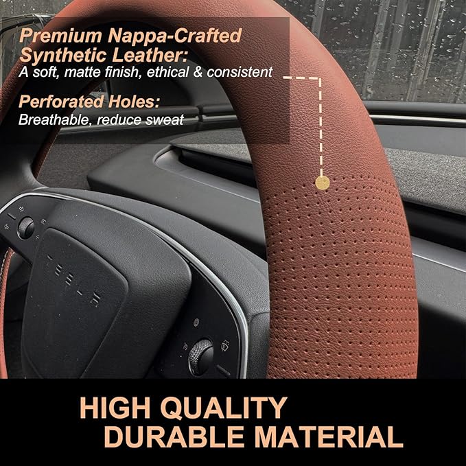 PINCTROT Nappa Leather Steering Wheel Cover for Tesla Model Y/3 Highland/Juniper, D Shaped 14 Inch Small Sized with Breathabl