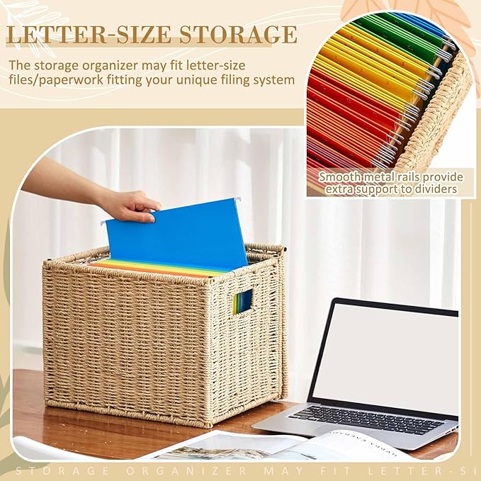 Jingmore 2 Pack Paper Rope File Box Organizers Collapsible Letter Size Filing Cabinet with Lid Woven Hanging File Basket Port