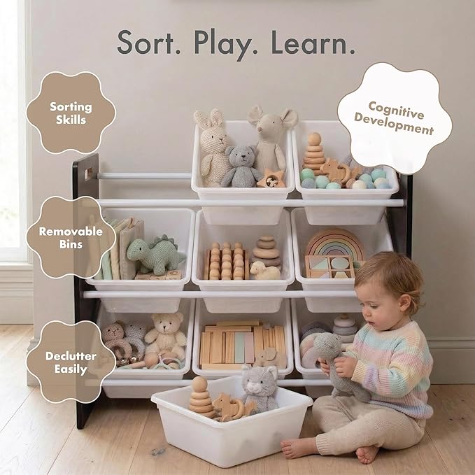 Humble Crew 9-Bin Toy Organizer – Journey Natural Espresso with White Plastic Bins, 3-Tier Storage Solution for Kids' Playroo