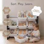Humble Crew 9-Bin Toy Organizer – Journey Natural Espresso with White Plastic Bins, 3-Tier Storage Solution for Kids' Playroo