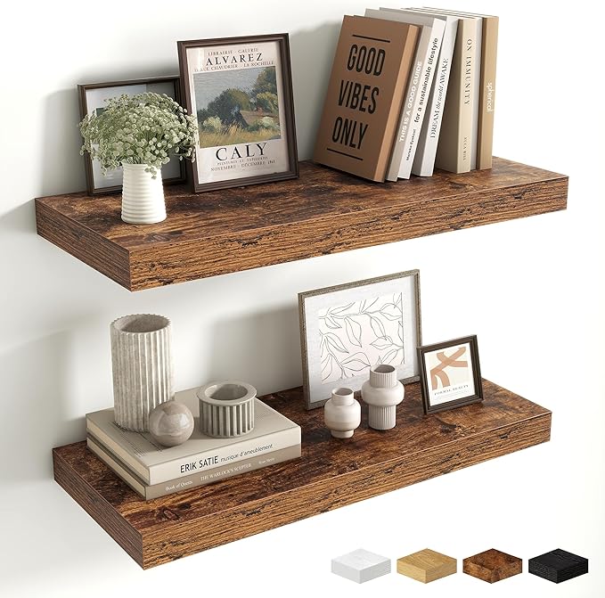 Fun Memories 24 Inch Floating Shelves Wall-Mounted, 10 Inch Deep Wall Shelves, 24 x 10 Floating Shelf for Living Room Bathroo