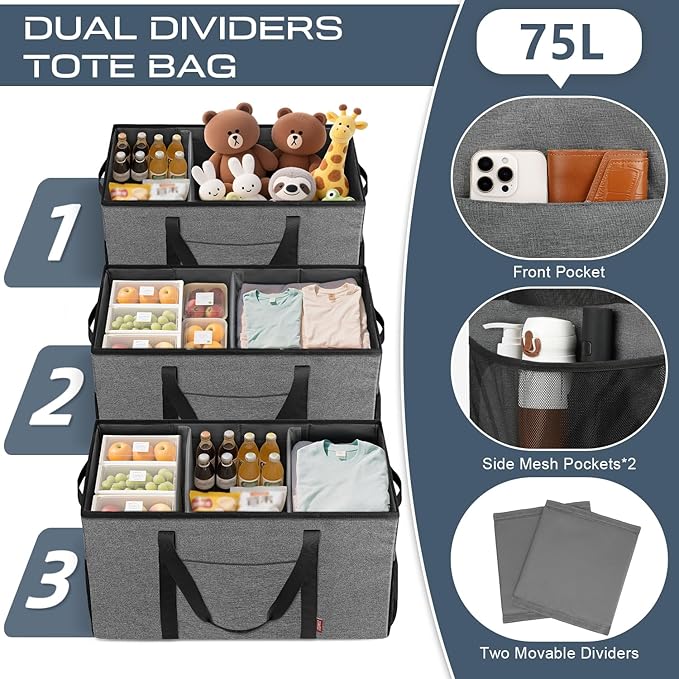 ZOMFELT 75L Standing Extra Large Utility Tote Bag with Removable Dividers&4-sided Reinforced, Reusable Grocery Shopping Bags